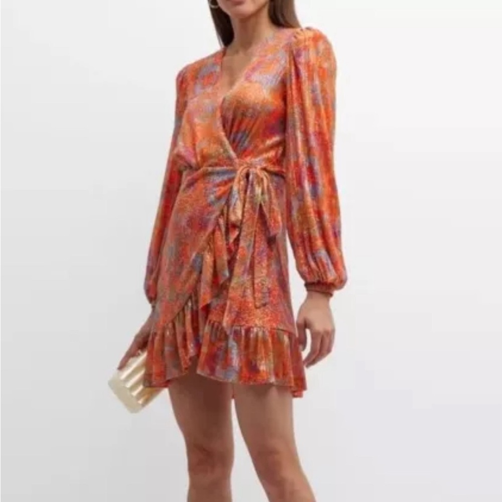 One33 Social Daria Orange Sequin Printed Mini Wrap Dress Bachelorette Size S 2